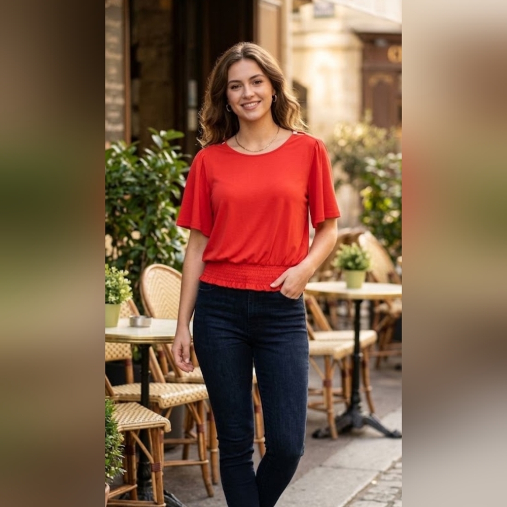 Michael Kors Red Flutter-Sleeve Smocked-Hem Crop Top
